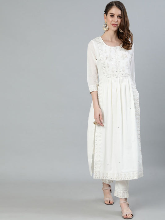 Dhiyona IS Women's Women Off White Ethnic Motifs Embroidered Pure Cotton Kurta with Trousers
