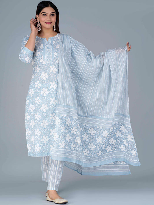 Dhiyona KL Floral Printed Pure Cotton Kurta with Pyjamas & Dupatta