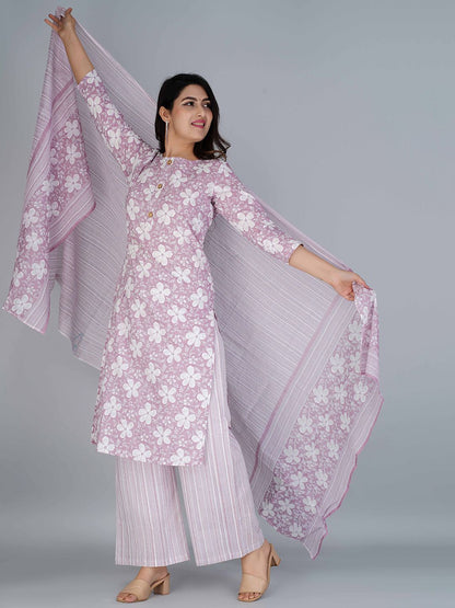 Dhiyona KL Floral Printed Regular Pure Cotton Kurta With Palazzos & With Dupatta