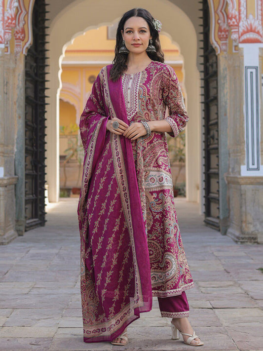Dhiyona RR Women's Paisley Printed Thread Work Pure Cotton Kurta with Trousers & Dupatta