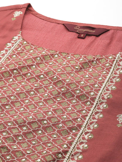 Dhiyona SN Women's Ethnic Motifs Printed Sequinned Chanderi Cotton Kurta with Palazzos & Dupatta
