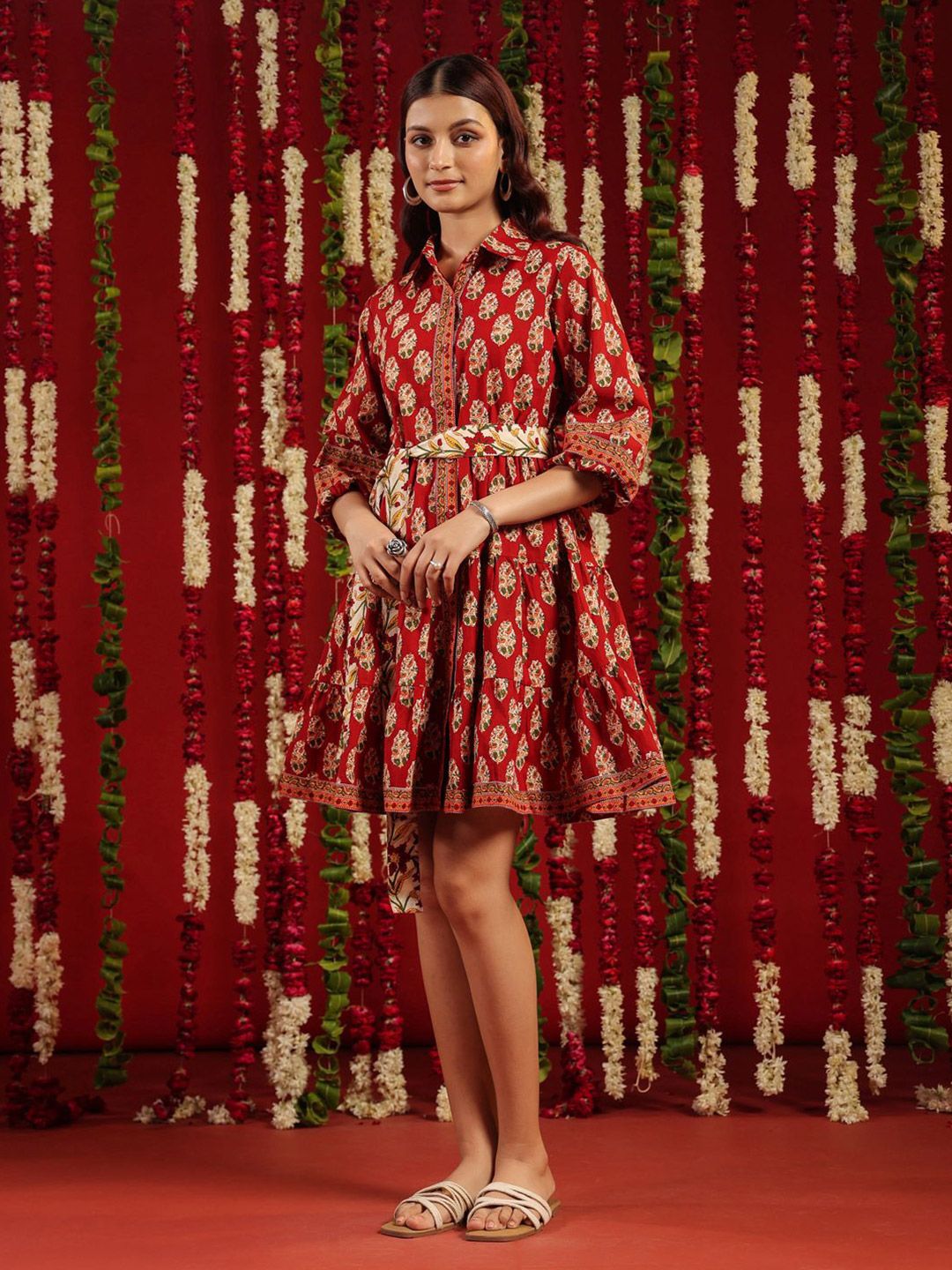 Dhiyona AY Women's Ethnic Motifs Printed Cotton Shirt Dress