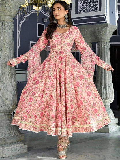 Dhiyona KL Floral Printed Anarkali Kurta & Trousers With Dupatta