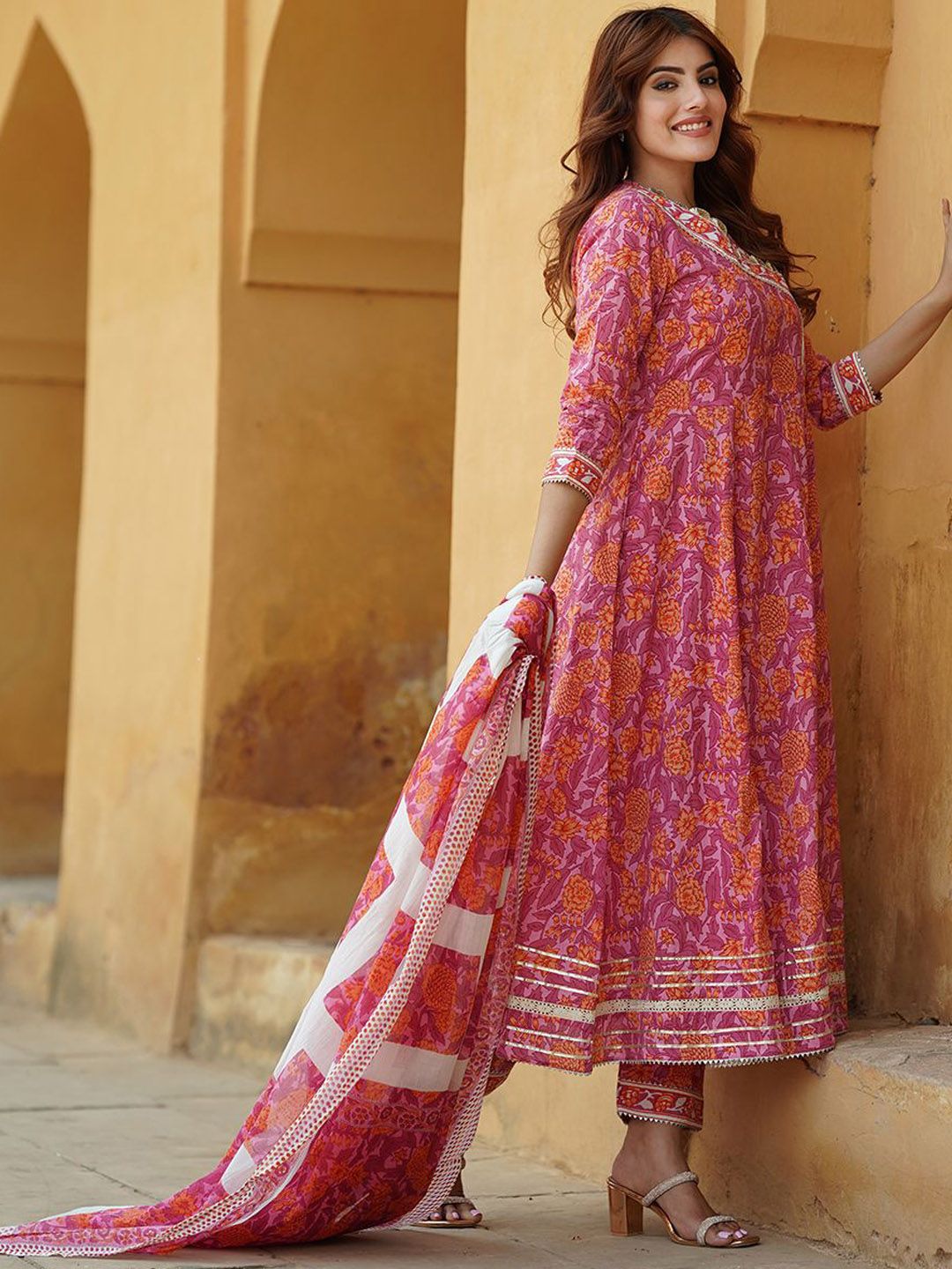 Dhiyona KL Floral Angrakha Gotta Patti Pure Cotton Anarkali Kurta with Trousers & Dupatta