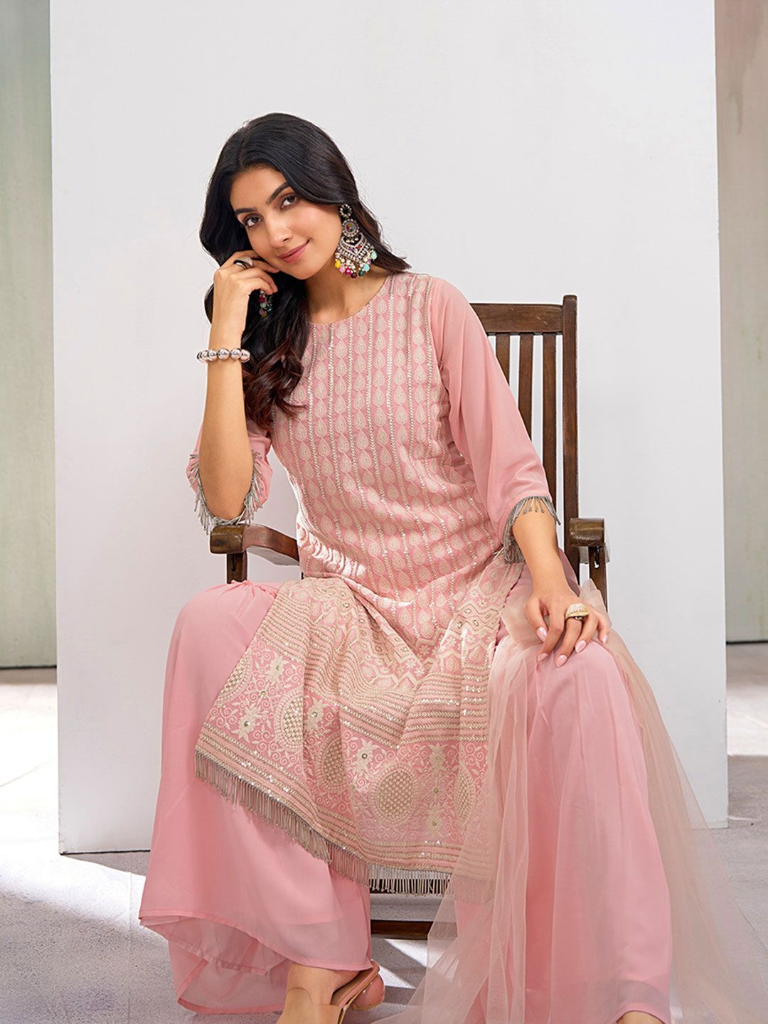 Dhiyona CH Women Floral Embroidered Kurta with Sharara & Dupatta