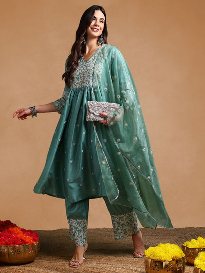 Dhiyona KL Floral Embroidered Pleated Thread Work Kurta with Palazzos & Dupatta
