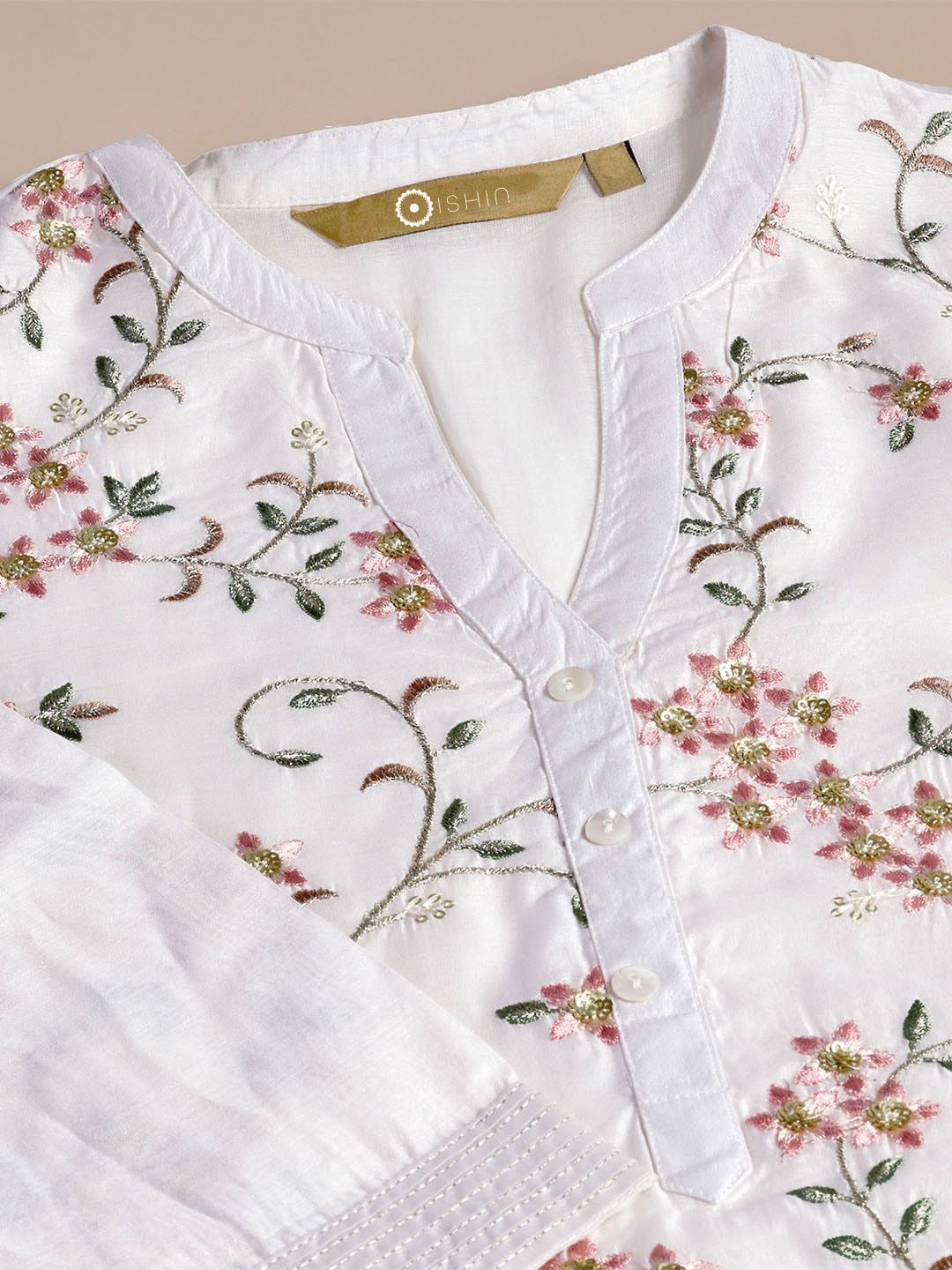 Dhiyona IS Women's Floral Embroidered A-Line Chanderi Silk Kurta with Trousers & Dupatta