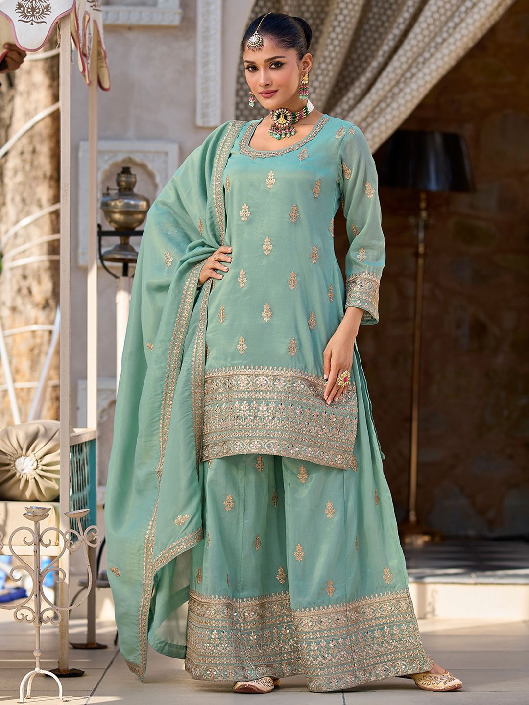 Dhiyona IE Women Ethnic Motifs Embroidered Regular Sequinned Kurta & Trousers & Dupatta