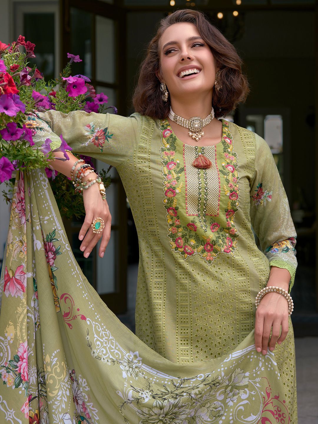 Dhiyona IE Floral Embroidered Mirror Work Pure Cotton Kurta With Trousers & Dupatta