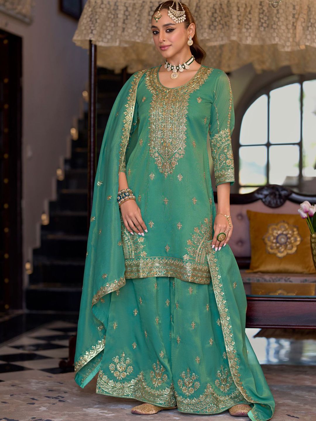 Dhiyona IE Ethnic Motifs Embroidered Sequinned Straight Kurta Palazzos With Dupatta