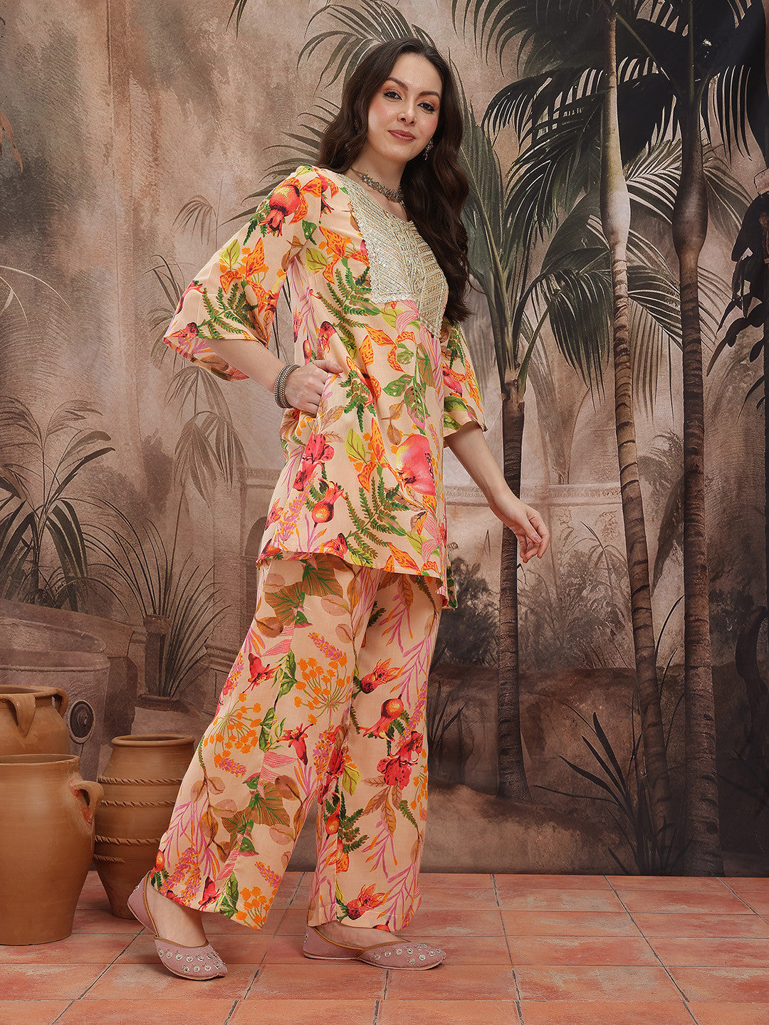 Floral Printed Regular Sequinned Kurti With Palazzos