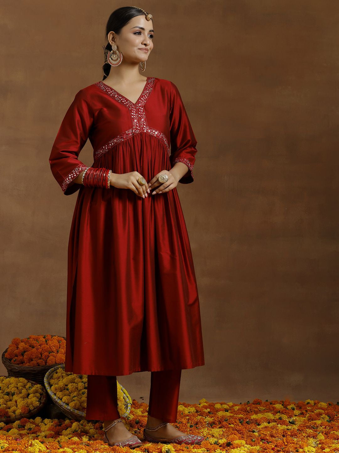 Women Embroidered Regular Mirror Work Kurta with Trousers & With Dupatta