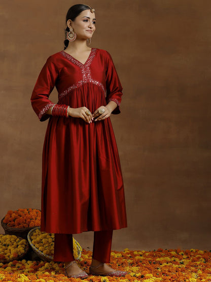 Women Embroidered Regular Mirror Work Kurta with Trousers & With Dupatta