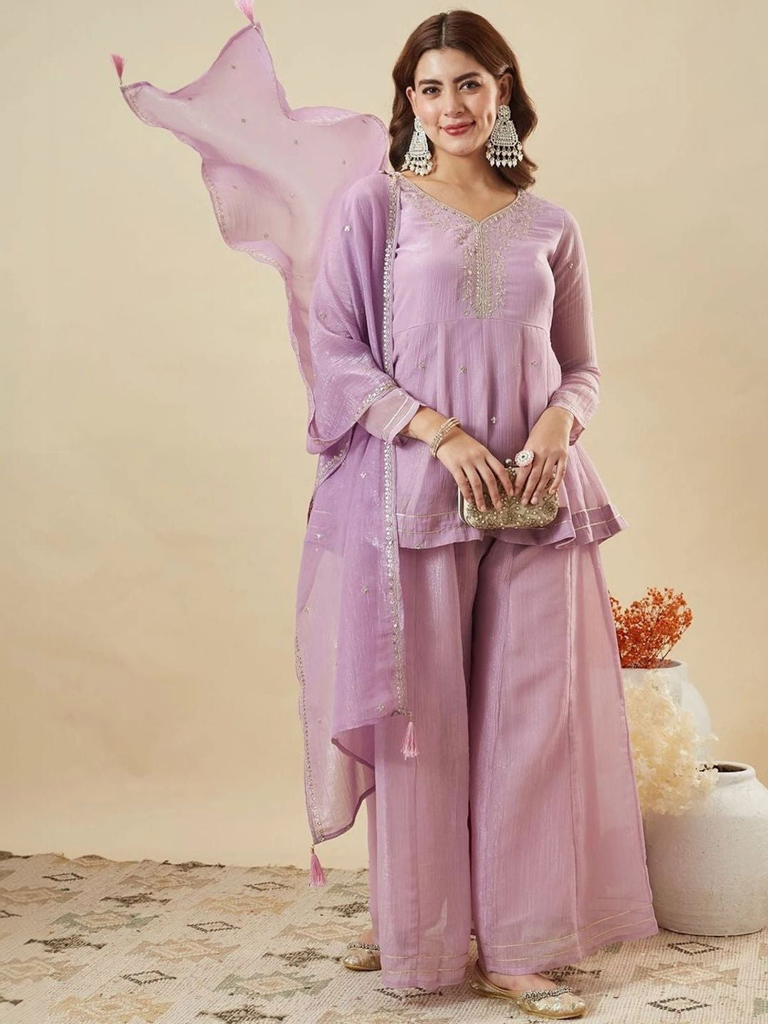 Dhiyona SN Women Ethnic Motifs Embroidered Empire Thread Work Silk Chiffon Kurta with Sharara & With Dupatta