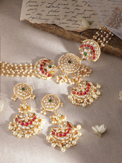 Dhiyona RJ Women's 24K Gold-Plated Kundan & Emerald, Ruby Pink Studded Pearl Beaded Bridal Choker Set