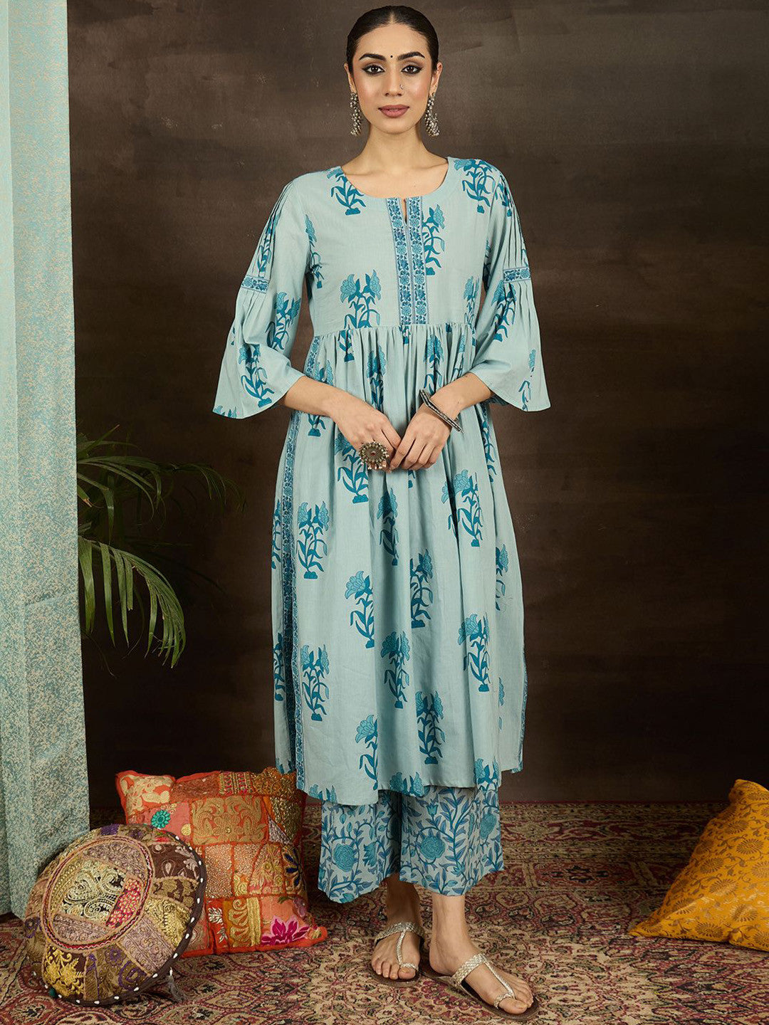 Women Floral Printed Pleated Pure Cotton Kurta Set