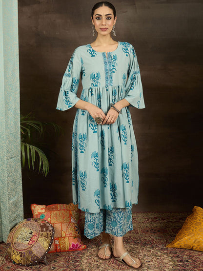 Women Floral Printed Pleated Pure Cotton Kurta Set