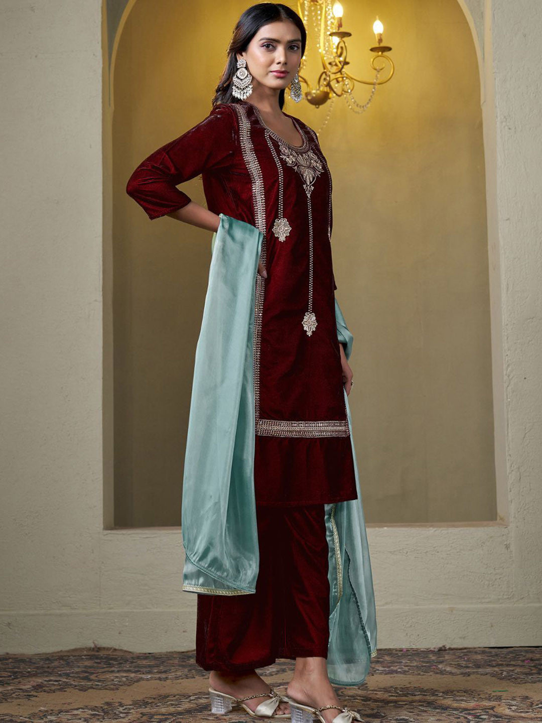 Women Velvet Embroidery Straight Kurta Pant With Dupatta Set