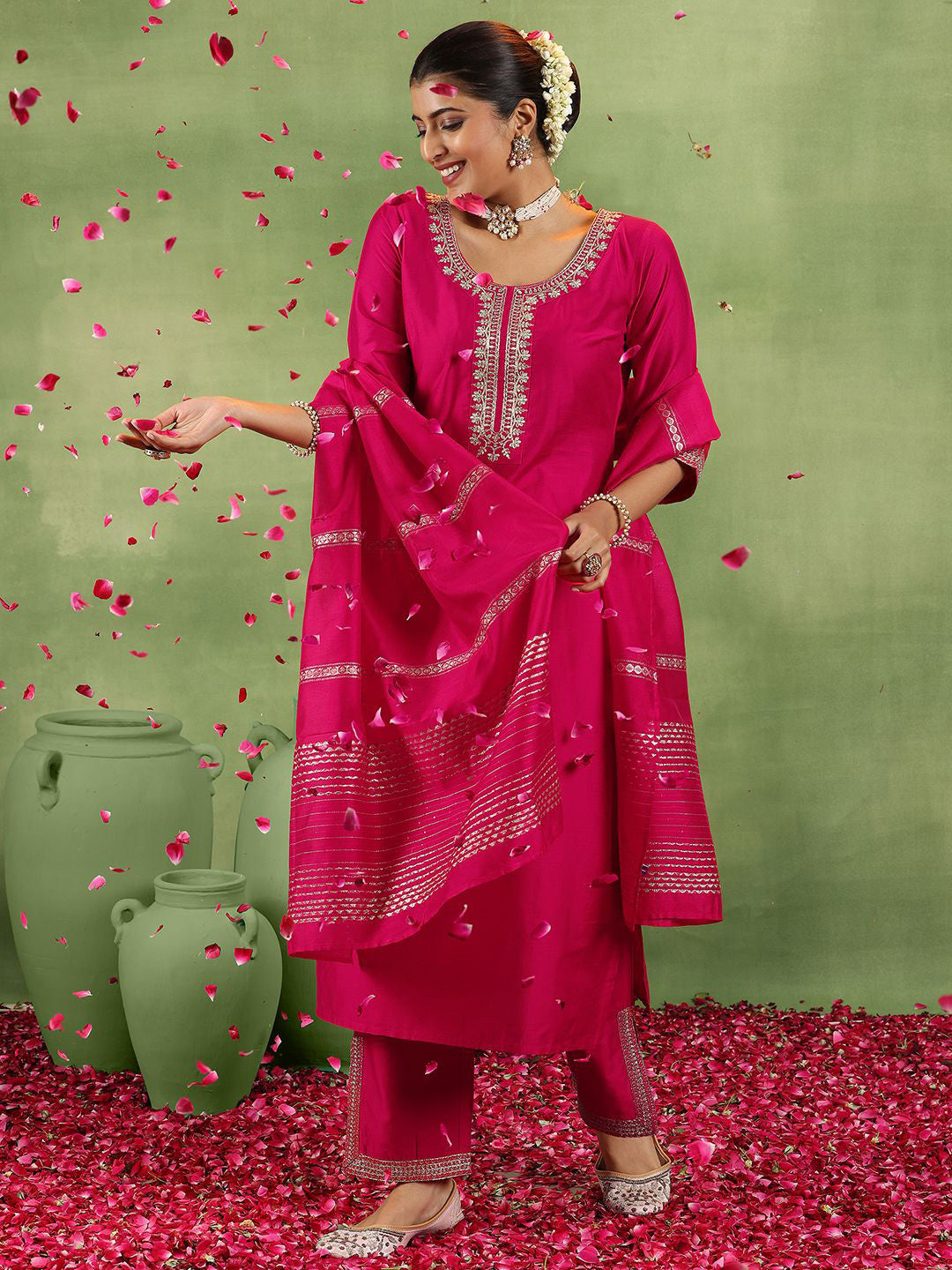 Women Ethnic Motifs Yoke Design Regular Kurta with Trousers & With Dupatta