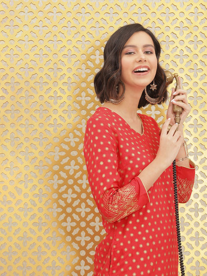 Dhiyona OD  Women Red & Gold-Toned Ethnic Motifs Printed Block Print Brocade Kurta