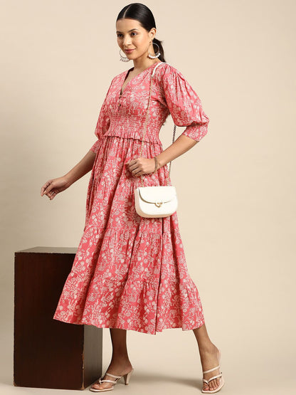 Dhiyona AY Women's Floral Printed Smocked Fit & Flare Maxi Dress