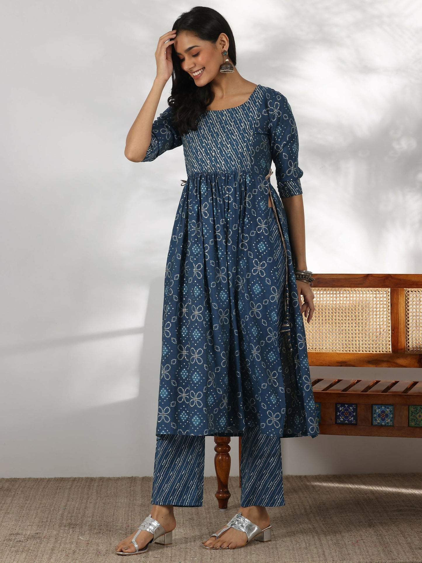 Women's LB Blue Printed Silk Blend A-Line Kurta With Trousers & Dupatta