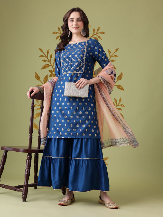 Dhiyona AN Floral Foil Printed Gotta Patti Detail Kurta with Sharara & Dupatta