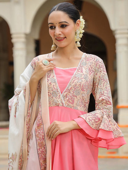 Dhiyona RR Women's Floral Printed Bell Sleeves Pure Cotton Kurta With Trousers & Dupatta