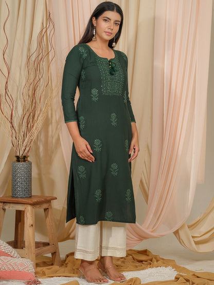 Dhiyona OD  Floral Embroidered Tie-Up Neck Straight Kurta
