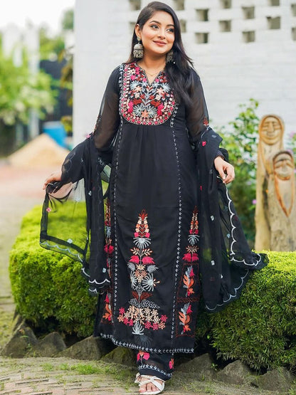 Dhiyona KL Floral Embroidered Thread Work Kurta & Palazzos With Dupatta