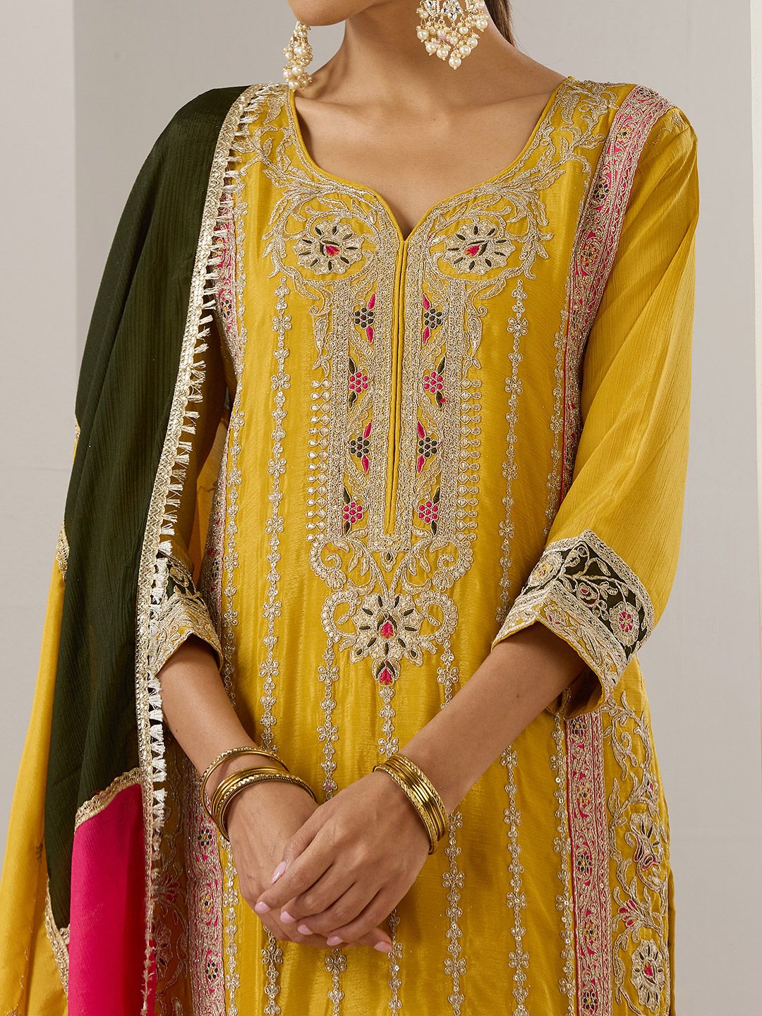 Dhiyona IS Women's Ethnic Motifs Embroidered Regular Gotta Patti Straight Kurta with Trousers & Dupatta