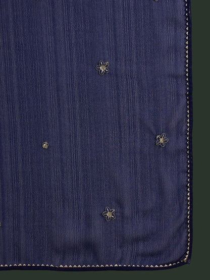 Women's Navy Blue Ethnic Motifs Embroidered A-Line Kurta With Trouser & Dupatta