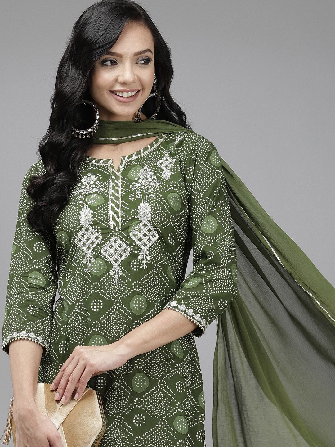 Dhiyona IE Women Green & White Bandhani Print Gotta Patti Kurta with Sharara & With Dupatta