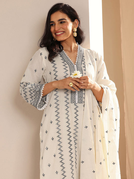 Chevron Embroidered Sequinned Panelled Straight Kurta With Trousers & Dupatta