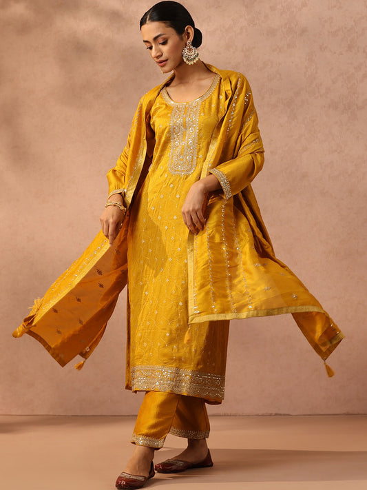 Yellow Ethnic Motifs Embroidered Sequined Kurta with Trousers & With Dupatta
