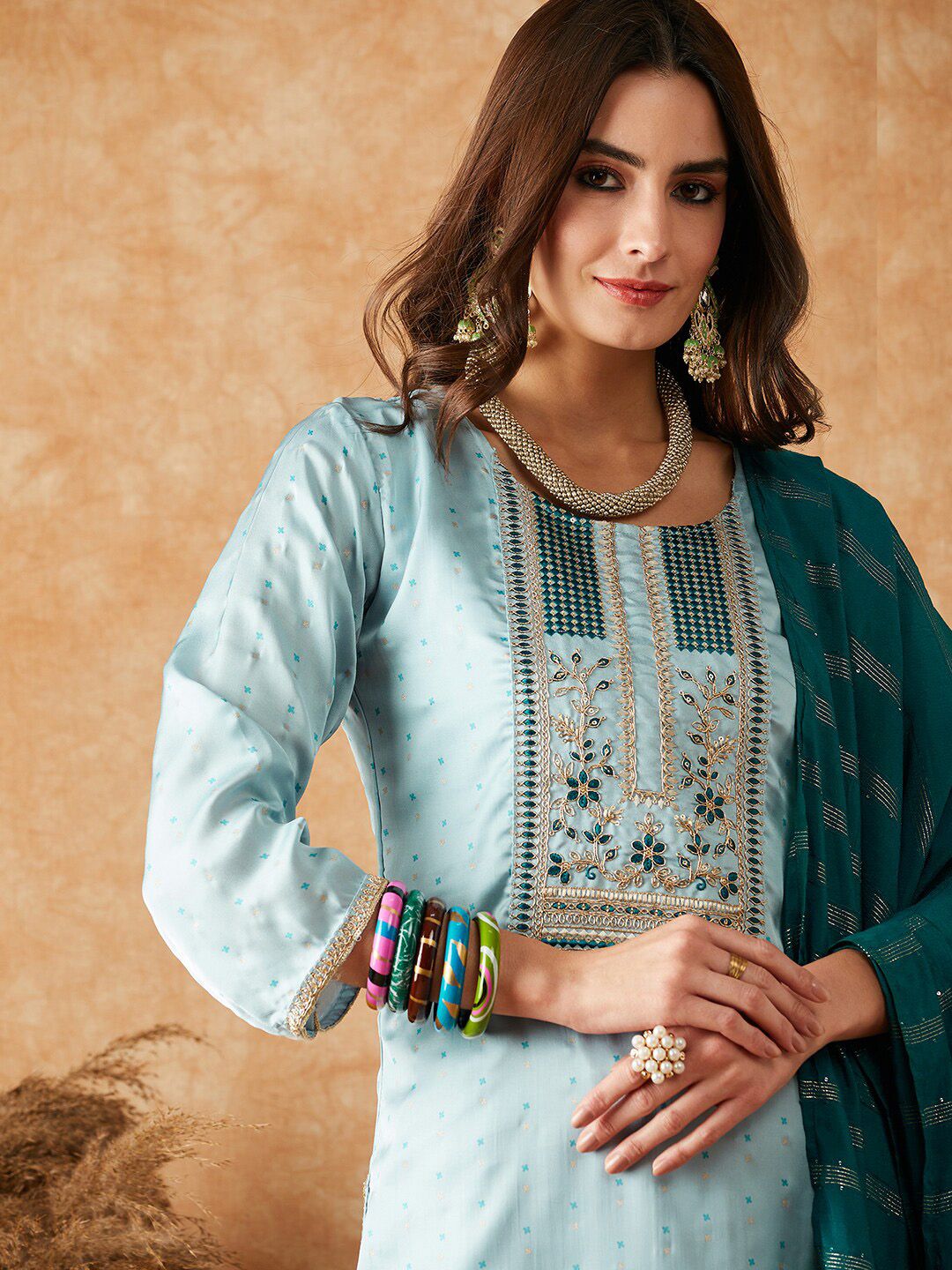 Dhiyona SN Embroidered Straight Kurta With Palazzo & Dupatta