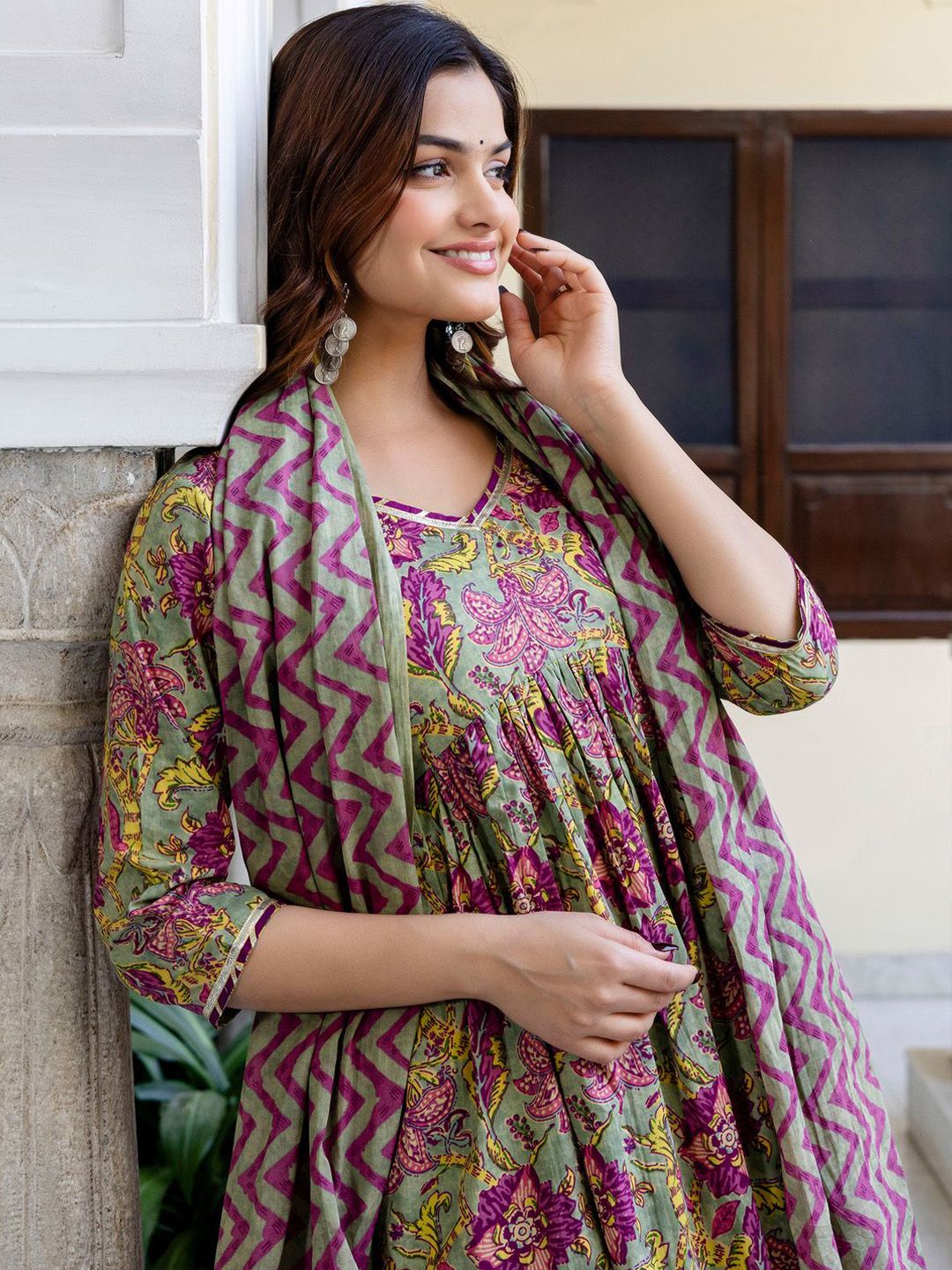 Dhiyona IE Floral Printed Empire Pure Cotton A-Line Kurta With Trousers & Dupatta