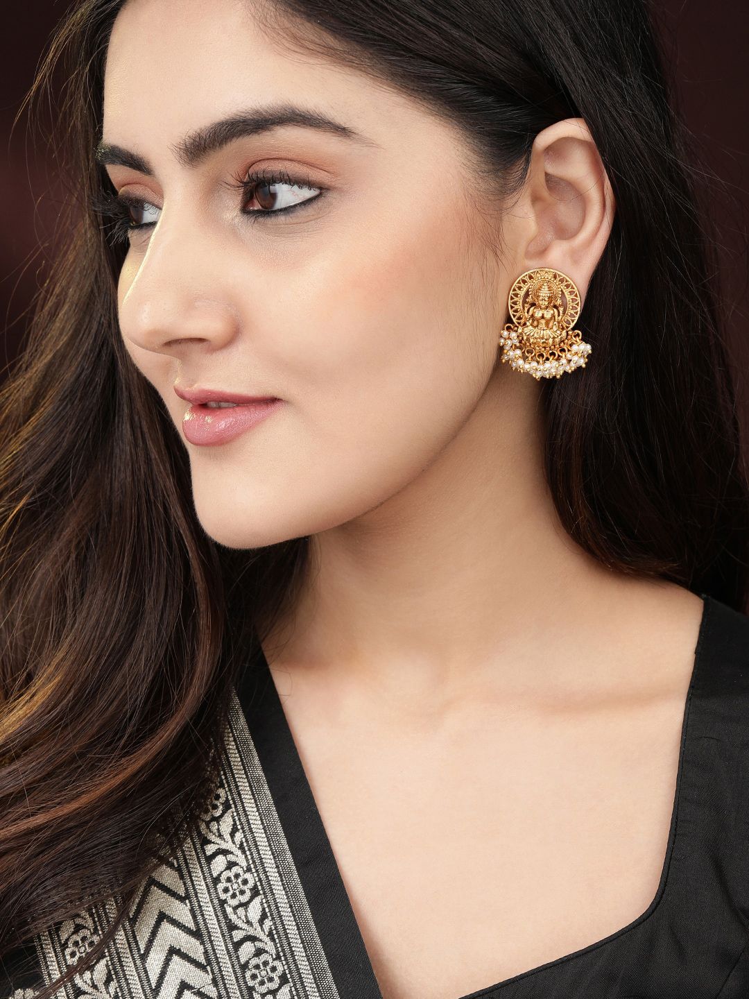 Dhiyona RJ Women's Gold-Toned Classic Divine Lakshmi Studs Earrings