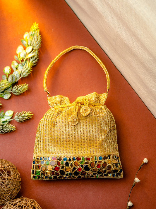 Dhiyona NR Gold-Toned & Blue Embroidered Embroidered Potli Clutch