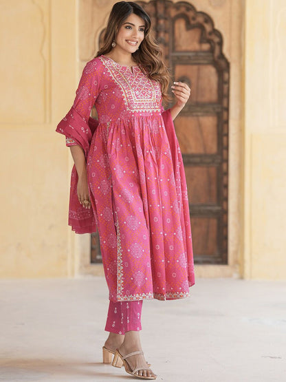 Dhiyona KL Ethnic Motifs Embroidered Thread Work Empire Pure Cotton Kurta Trousers & Dupatta