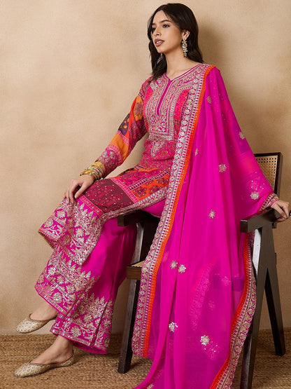 Dhiyona KL Floral Embroidered Regular Beads & Stones Kurta With Palazzos & Dupatta