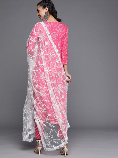 Dhiyona VA Women's Pink Bandhani Printed Gotta Patti Pure Cotton Kurta with Trousers & With Dupatta