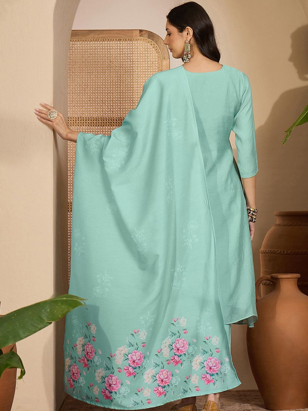 Sequence Thread Embroidered Round Neck Kurta & Trousers with Dupatta Set