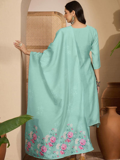 Sequence Thread Embroidered Round Neck Kurta & Trousers with Dupatta Set