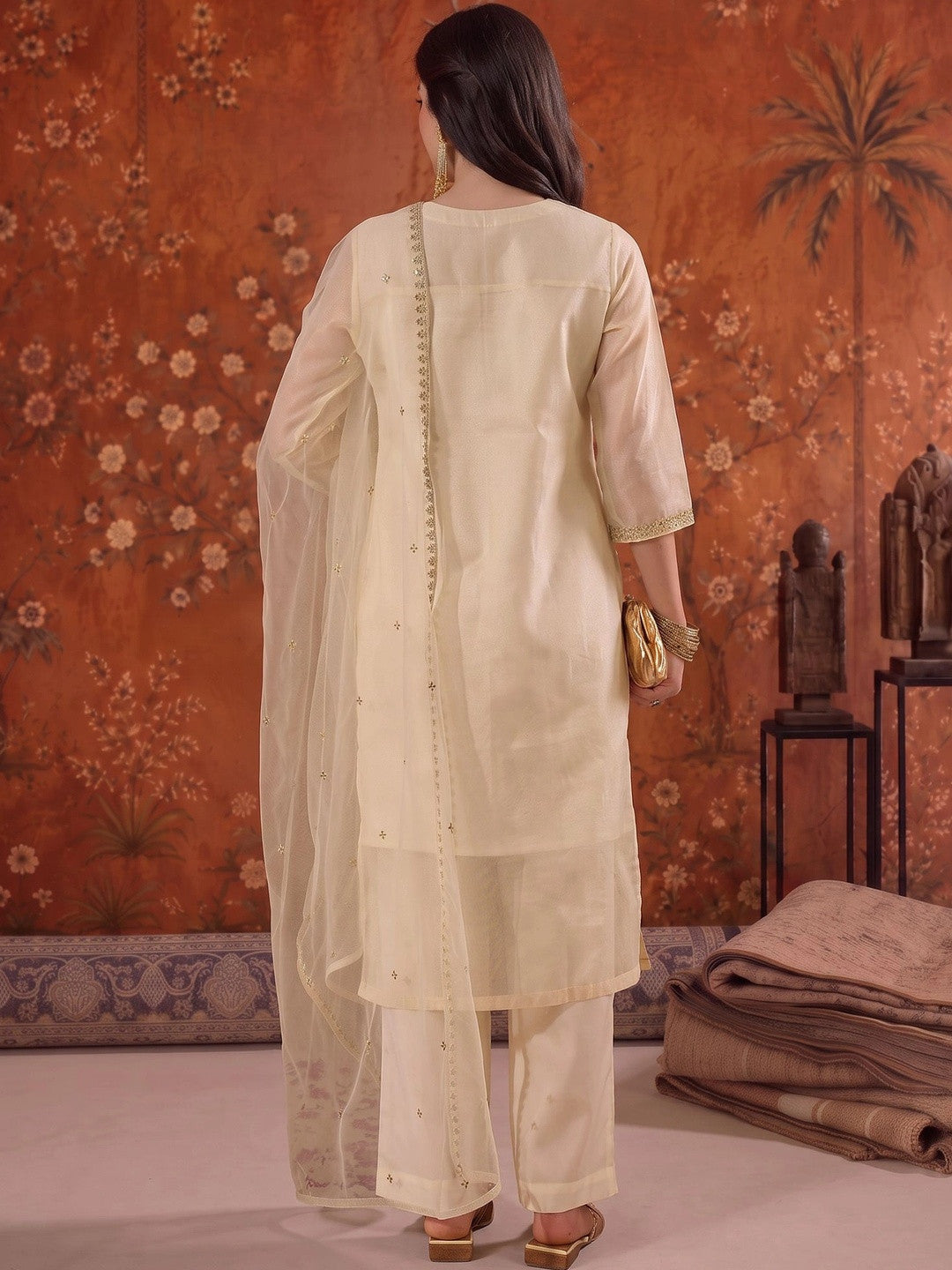 Embroidered V-Neck Kurta & Trousers With Dupatta