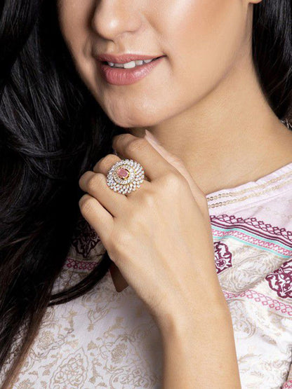 Dhiyona RJ Women's Rhodium-Plated Pink AD & White Zirconia Studded Adjustable Ring