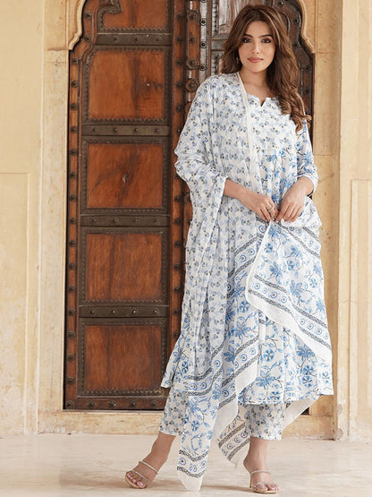 Dhiyona KL Floral Printed Gotta Patti Pure Cotton Anarkali Kurta with Trousers & Dupatta
