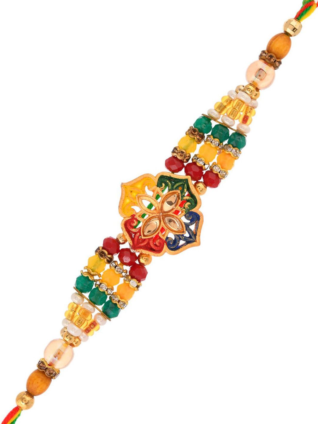 Dhiyona Green Stone Studded & Beaded Thread Rakhi With Roli Chawal With Greeting Card