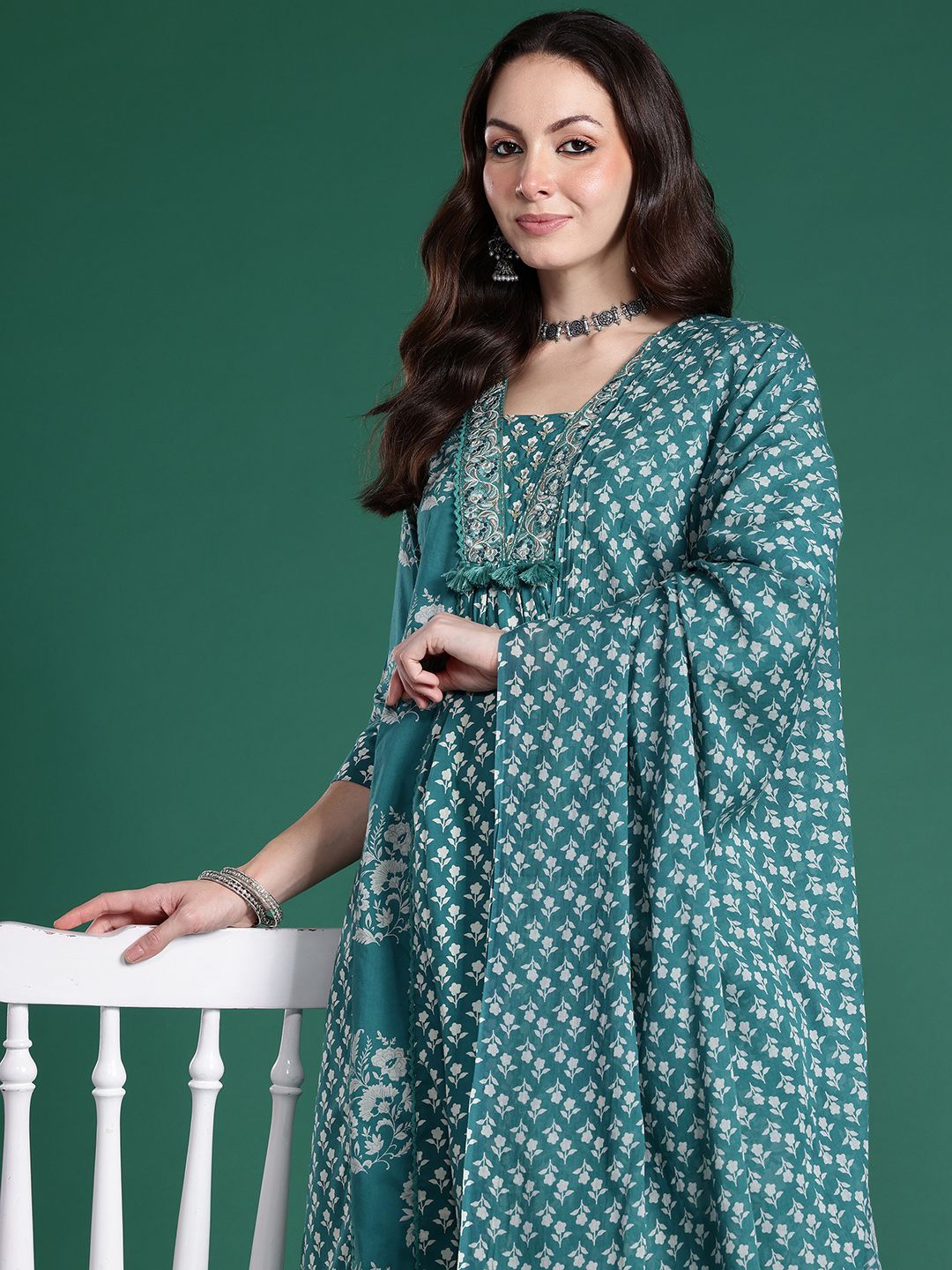 Dhiyona IE Ethnic Motifs Pure Cotton Kurta with Trousers & Dupatta