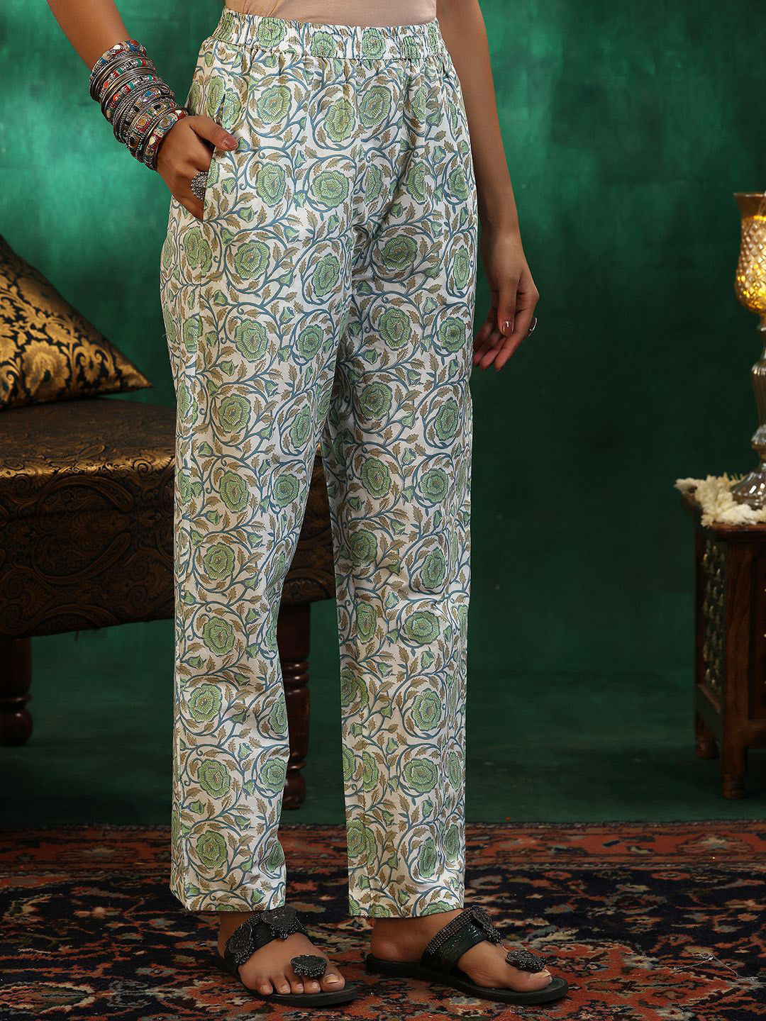Floral Printed Gotta Patti Pure Cotton Straight Kurta with Trousers & Dupatta